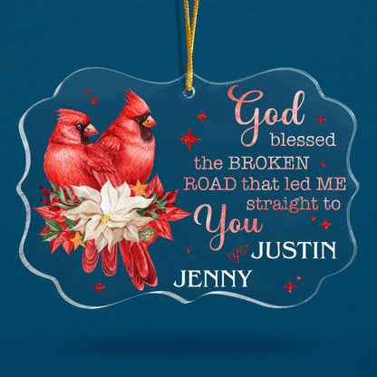Customized Name Red Cardinal Couple Poinsettia God Blessed Acrylic Ornament, Christmas Gift For Couple