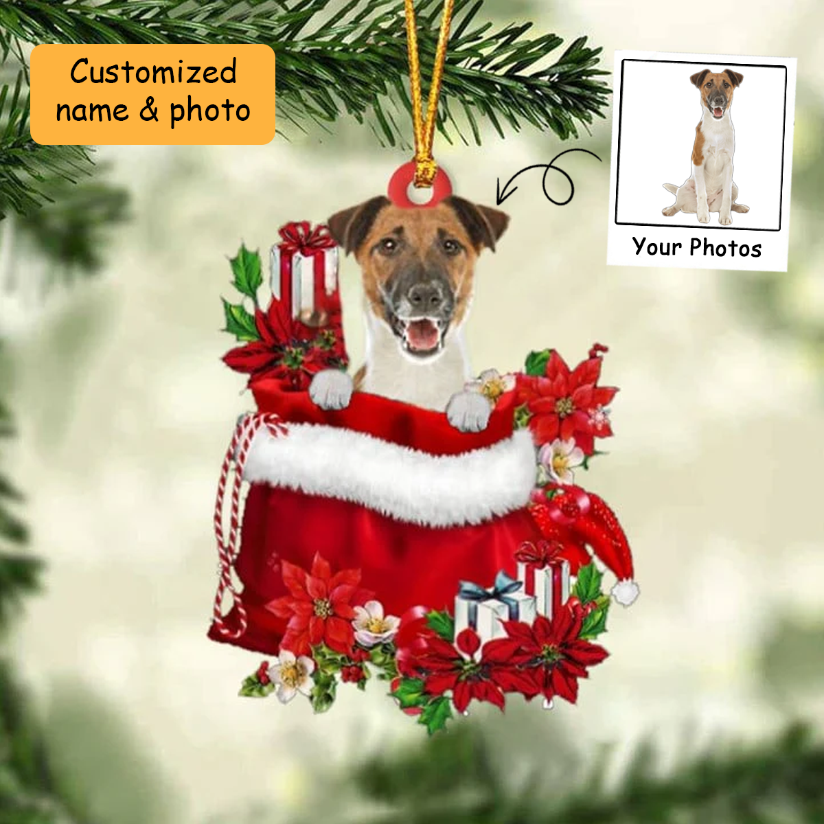 Customized Fox Terrier In Red Gift Bag Acrylic Ornament, Christmas Gift For Dog Lovers, Dog Mom