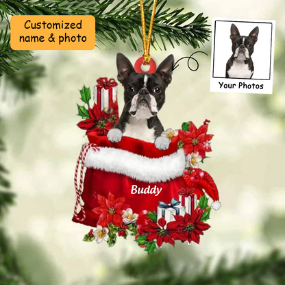 Customized Boston Terrier Dog In Red Gift Bag Acrylic Ornament, Christmas Gift For Dog Lovers, Dog Mom