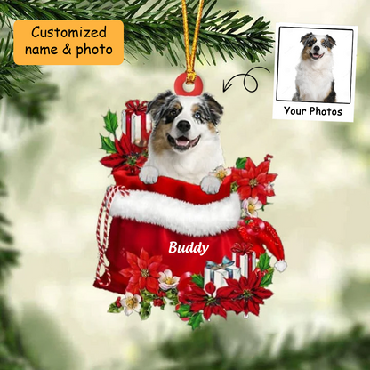 Customized Australian Shepherd In Red Gift Bag Acrylic Ornament, Christmas Gift For Dog Lovers, Dog Mom