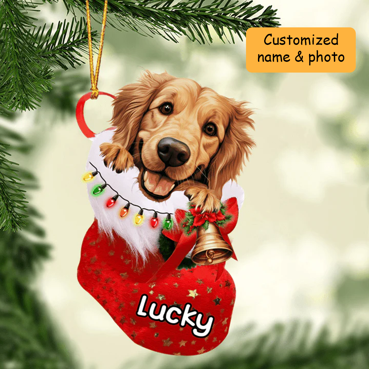 Customized Cute Golden Retriever Dog In Christmas Stocking Acrylic Ornament, Christmas Gifts Ornament for Dog Lover