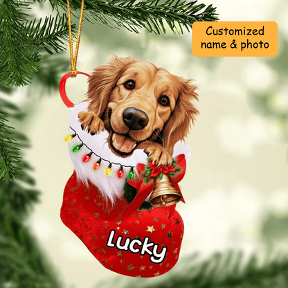Customized Cute Golden Retriever Dog In Christmas Stocking Acrylic Ornament, Christmas Gifts Ornament for Dog Lover