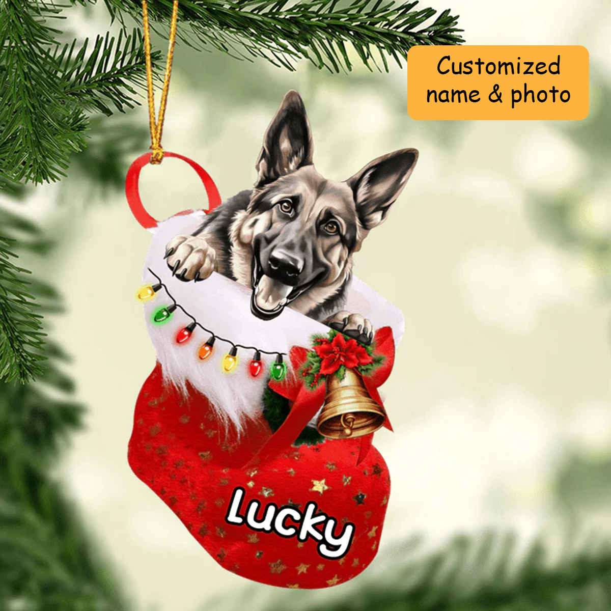 Customized Cute German Shepherd Dog In Christmas Stocking Acrylic Ornament, Christmas Gifts Ornament for Dog Lover