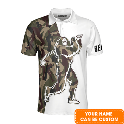 Custom Golf Men Polo Shirt - Funny Bigfoot Golf Polo Shirts, Camo Pattern Custom Name Sasquatch Playing Golf Apparel - Perfect Polo Shirt For Men