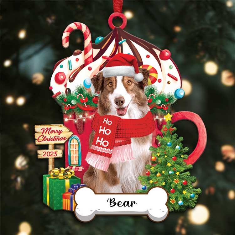 Australian Shepherd Custom Name Dog With Christmas Hot Chocolate Cup Acrylic Ornaments, Ornament Gift For Dog Mom Dad