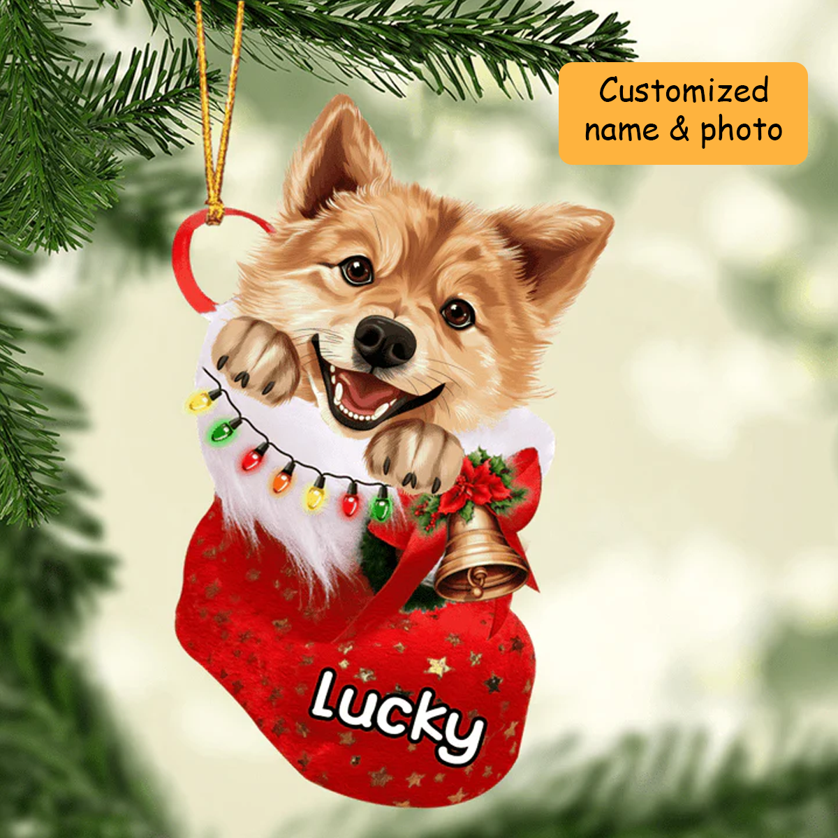 Customized Finnish Spitz Dog In Christmas Stocking Acrylic Ornament, Christmas Gifts Ornament for Dog Lover