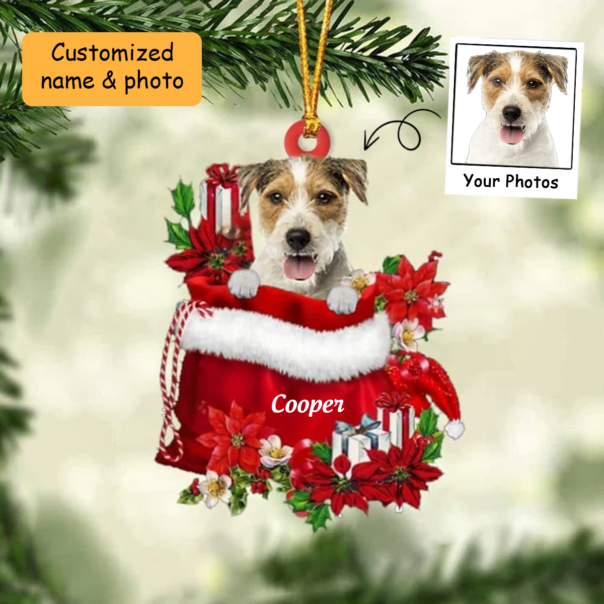 Customized Parson Russell Terrier In Red Gift Bag Acrylic Ornament, Christmas Gift For Dog Lovers, Dog Mom