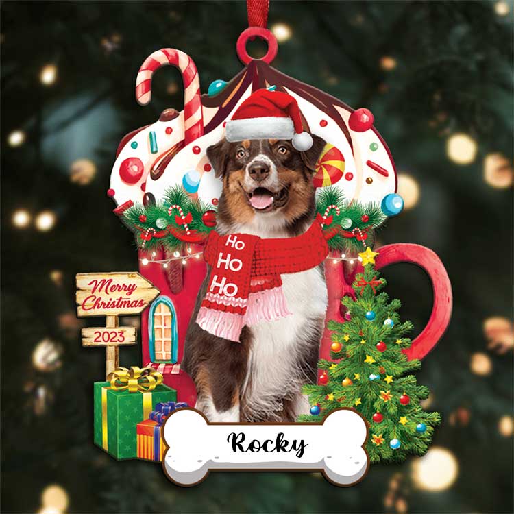 Custom Name Australian Shepherd Dog With Christmas Hot Chocolate Cup Acrylic Ornaments, Ornament Gift For Dog Mom Dad