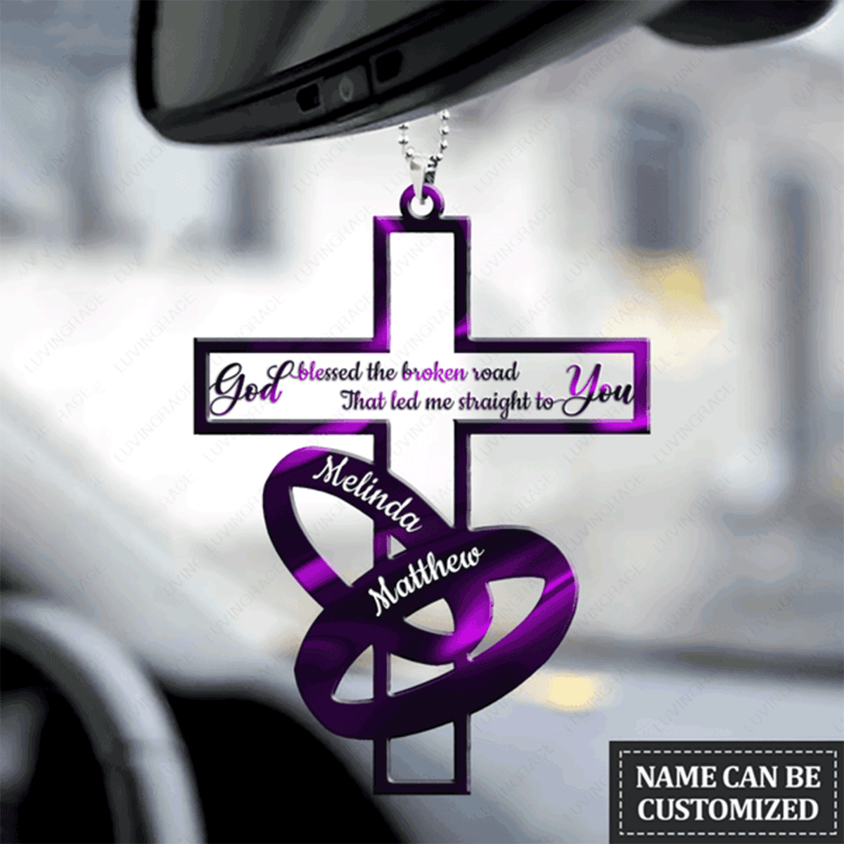 Customized Name Purple Cross Couple Rings God Blessed Acrylic Car Ornament, Perfect Christmas Gift For Couple