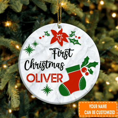 Personalized First Christmas Sock Poinsettia Floral Circle Ceramic Ornament For 1st Christmas Daughter, Son