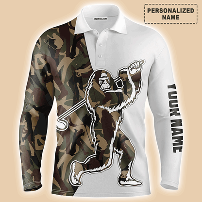 Custom Golf Men Polo Shirt - Funny Bigfoot Golf Polo Shirts, Camo Pattern Custom Name Sasquatch Playing Golf Apparel - Perfect Polo Shirt For Men