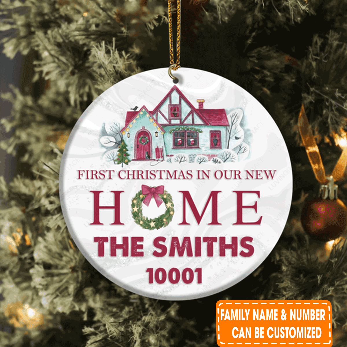 Personalized Vintage House First Christmas In Our New Home Circle Ceramic Ornament For Family, Friends