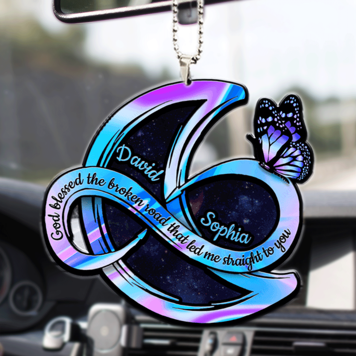 Personalized Couple Infinity Moon And Butterfly God Blessed Acrylic Car Ornament, Perfect Christmas Gift For Couple