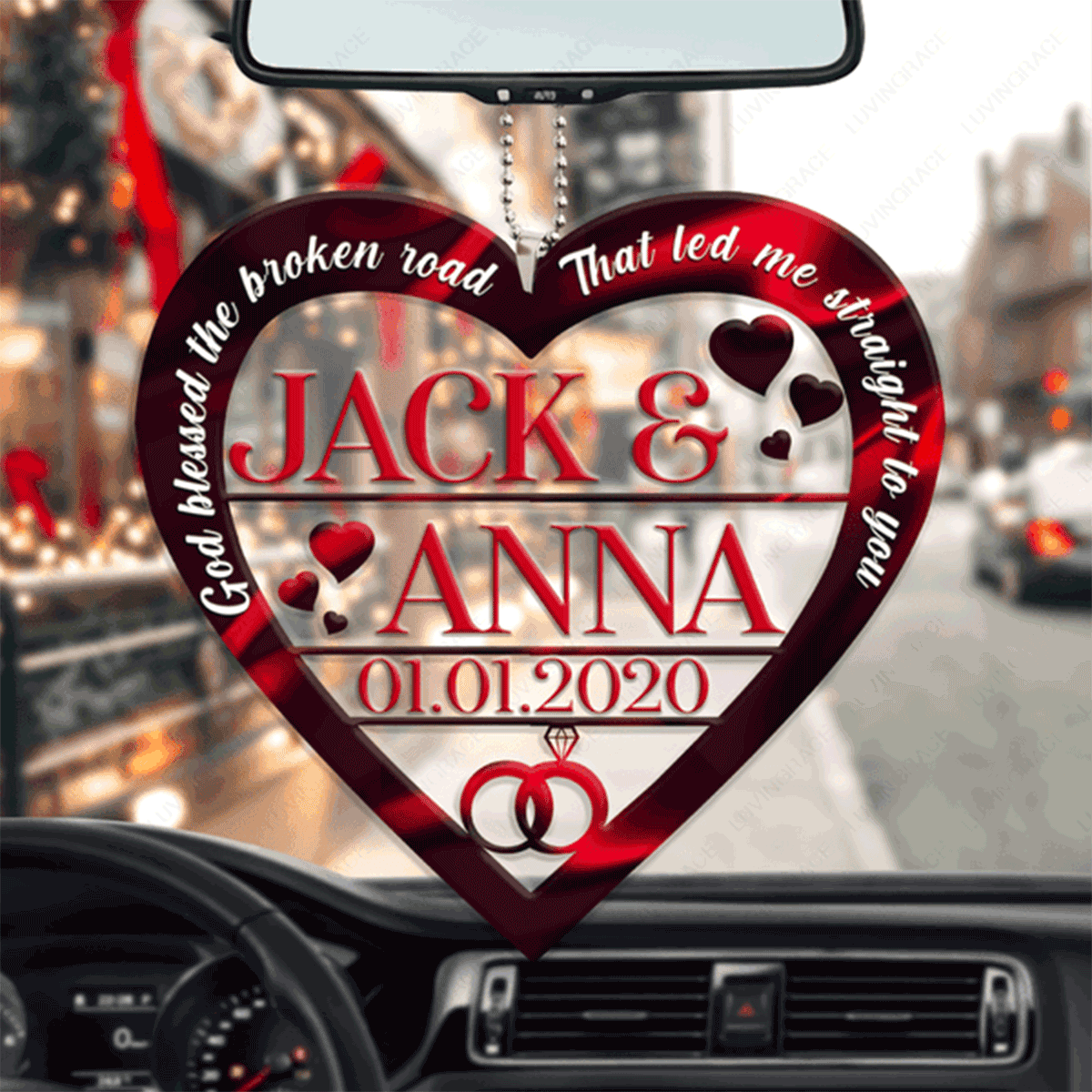 Customized Name Hearts Love Ring God Blessed Acrylic Car Ornament, Perfect Christmas Gift For Family, Friends, Holiday Decor