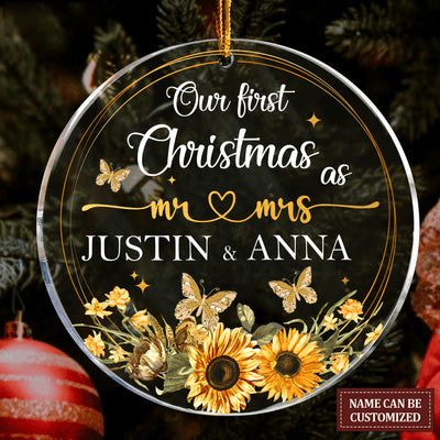 Custom Name Sunflower Frame Butterfly Our First Christmas Couple Acrylic Ornament, 1st Christmas Gift For Couple