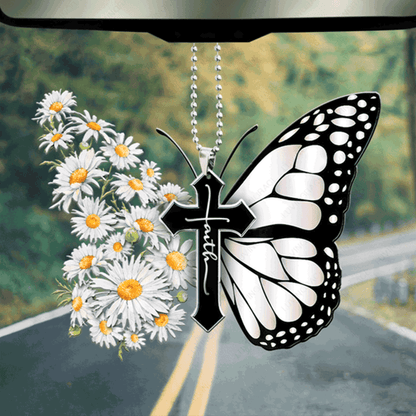 Daisy Butterfly Faith Cross Acrylic Car Ornament, Perfect Christmas Gift For Family, Friend