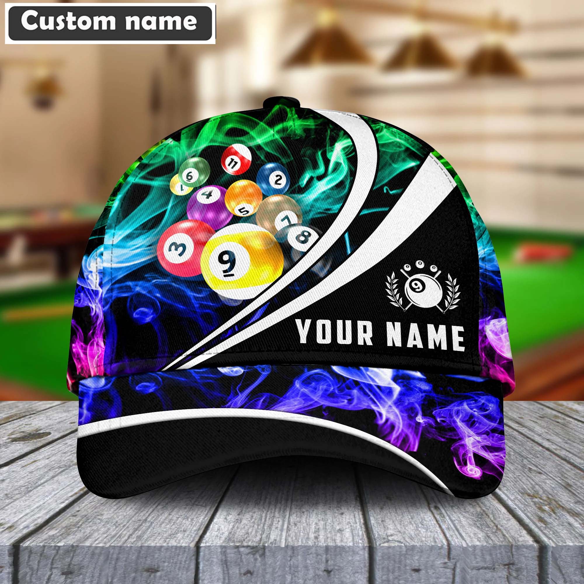 Billiard 9 Ball Multicolor Smoke Pattern Personalized Name Classic Cap Hat Gifts For Billiards Lovers