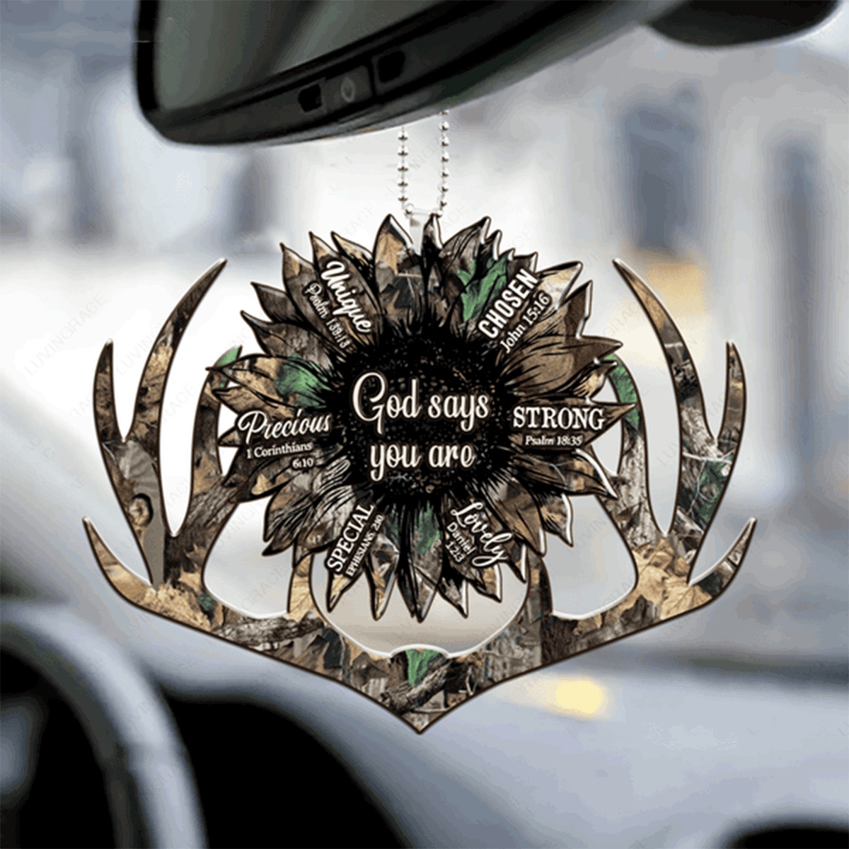 Camo Antler And Sunflower God Says You Are Acrylic Car Ornament, Perfect Christmas Gift For Couple