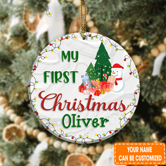 Personalized First Christmas Snowman Pine And Gifts Circle Ceramic Ornament For 1st Christmas Daughter, Son, Family