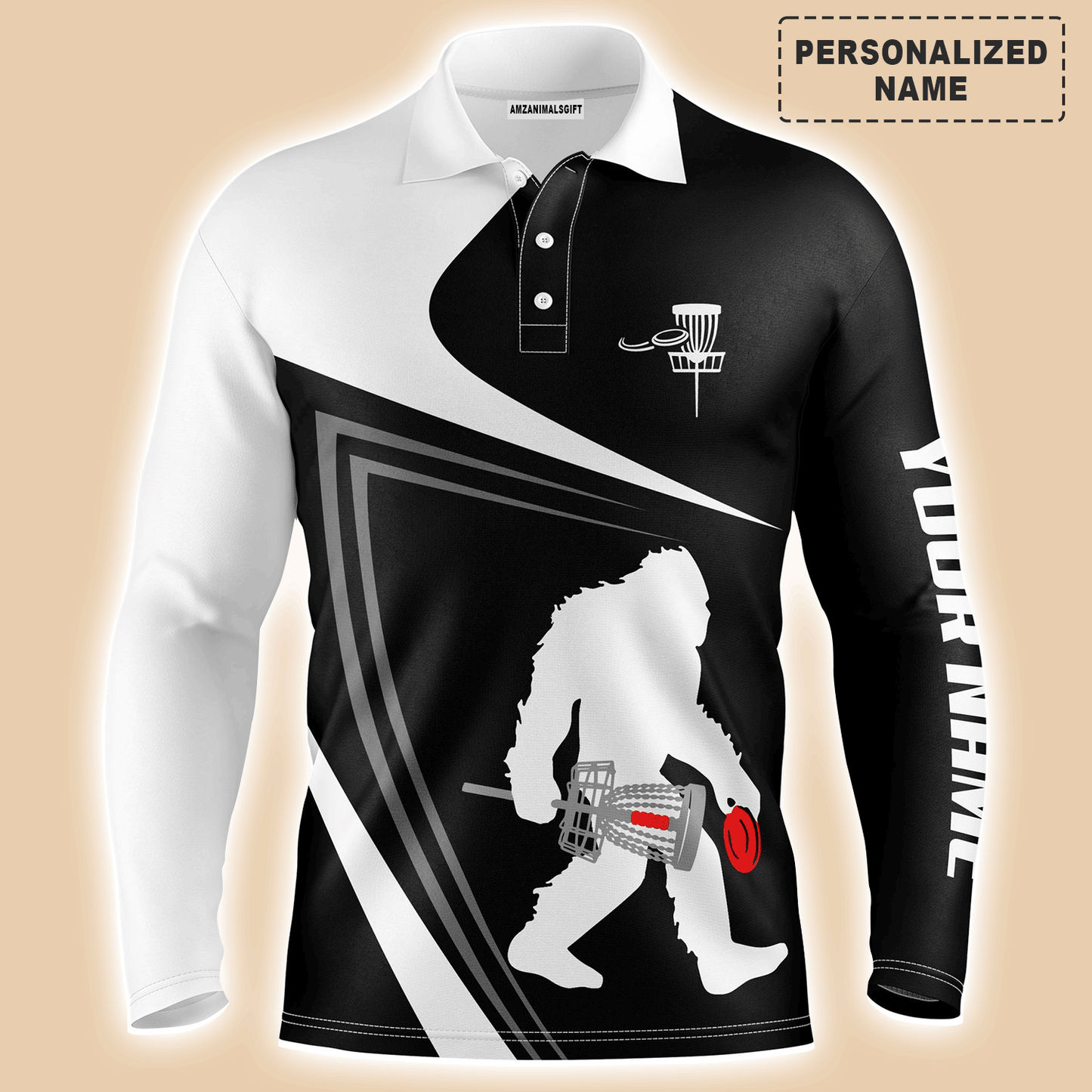 Custom Disc Golf Men Polo Shirt - Custom Name Black And White Bigfoot Sasquatch Funny Apparel Men Polo Shirt - Perfect Polo Shirt For Men, Disc Golf Lover