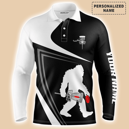 Custom Disc Golf Men Polo Shirt - Custom Name Black And White Bigfoot Sasquatch Funny Apparel Men Polo Shirt - Perfect Polo Shirt For Men, Disc Golf Lover
