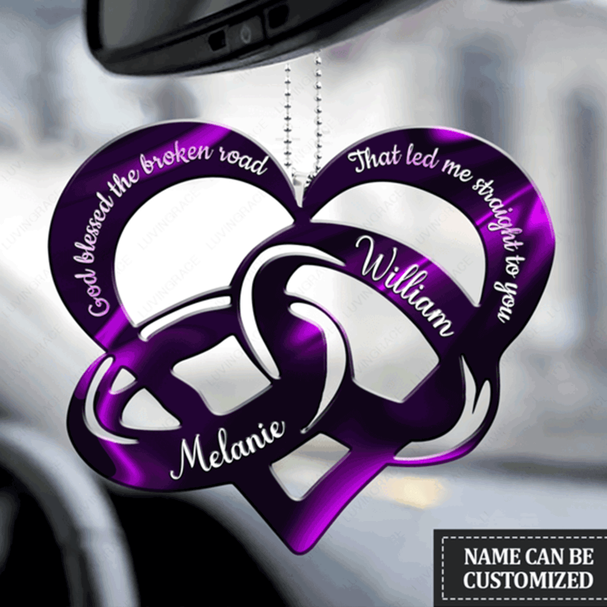 Custom Name Heart Couple Rings God Blessed Acrylic Car Ornament, Perfect Christmas Gift For Couple