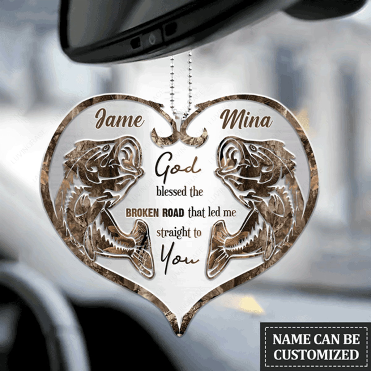 Personalized Couple Bass Fishing God Blessed Acrylic Car Ornament, Perfect Christmas Gift For Couple