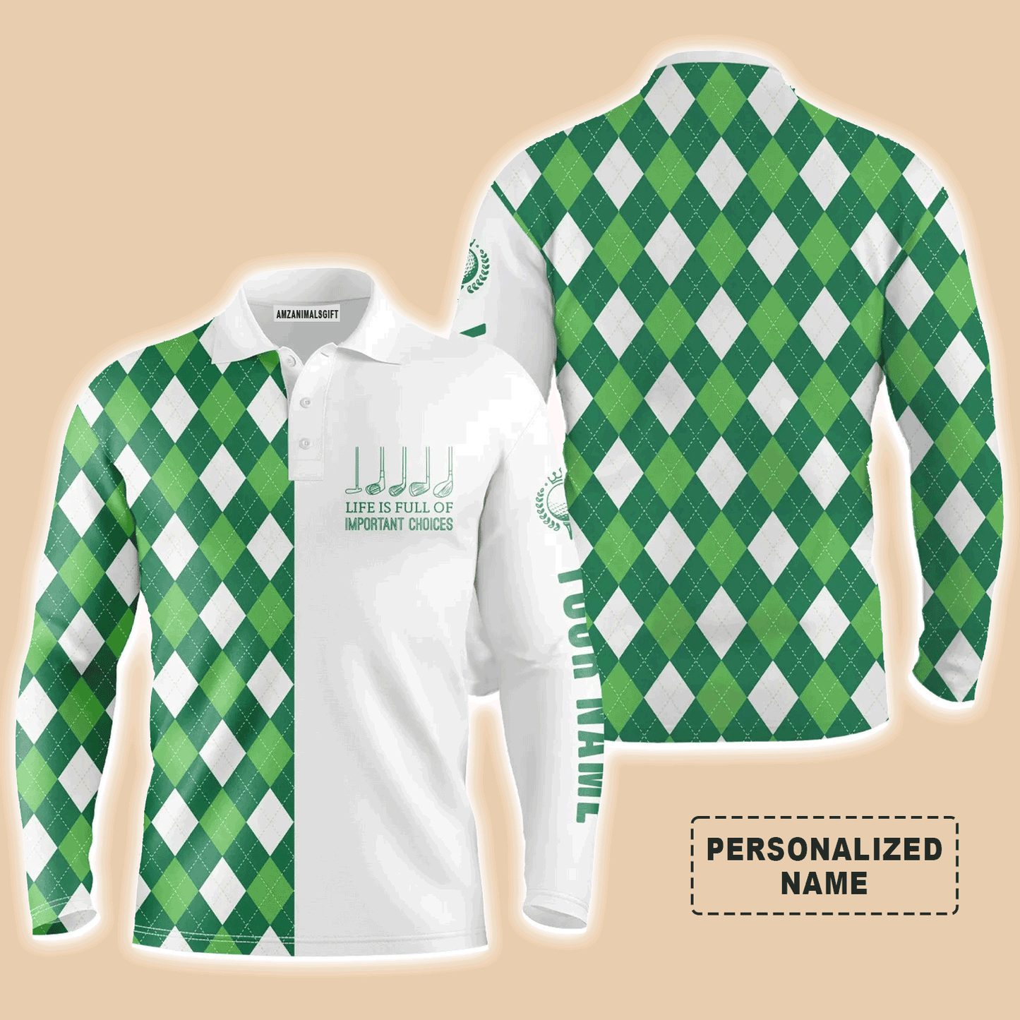 Golf Men Polo Shirt -Custom Name Green Argyle Plaid Apparel - Life Is Full Of Important Choices - Personalized Gift For Golf Lover, Men, Husband, Team