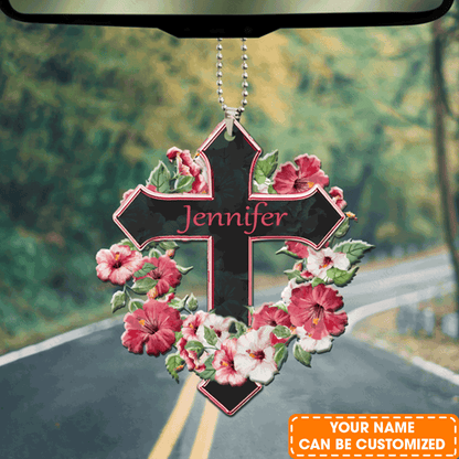Customized Name Hibicus Wreath Cross Acrylic Car Ornament, Perfect Christmas Gift For Family, Friends
