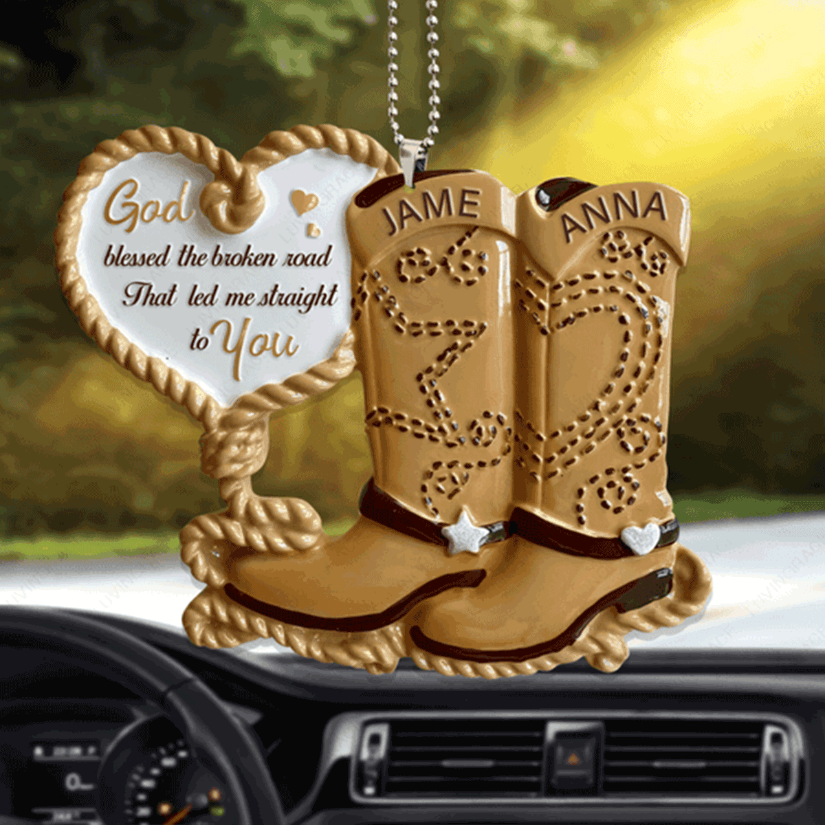 Customized Name Cowboy Boots Couple God Blessed Acrylic Car Ornament, Perfect Christmas Gift For Couple