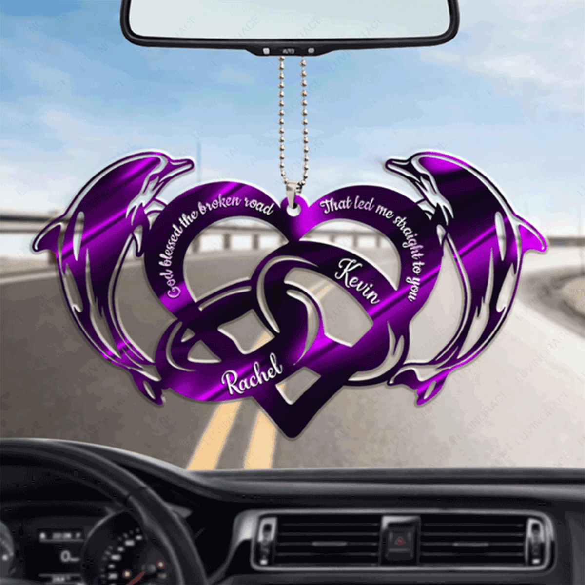 Customized Purple Dolphin And Couple Rings God Blessed Acrylic Car Ornament, Perfect Christmas Gift For Couple