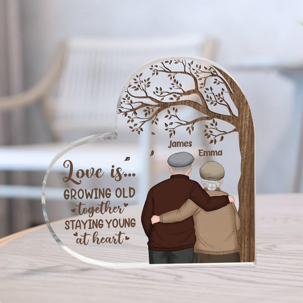 Personalized Couple Heart Acrylic Plaque, Customized Love Is Growing Old Acrylic Plaque, Best Plaque For Couple