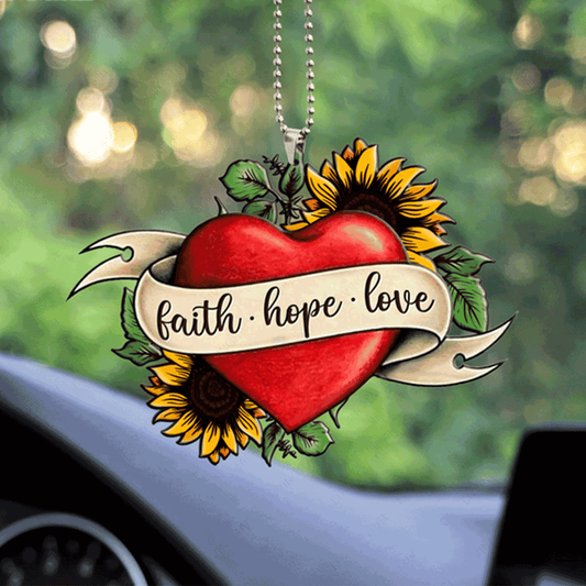 Sunflower Heart Faith Hope Love Acrylic Car Ornament, Perfect Christmas Gift For Family, Friend