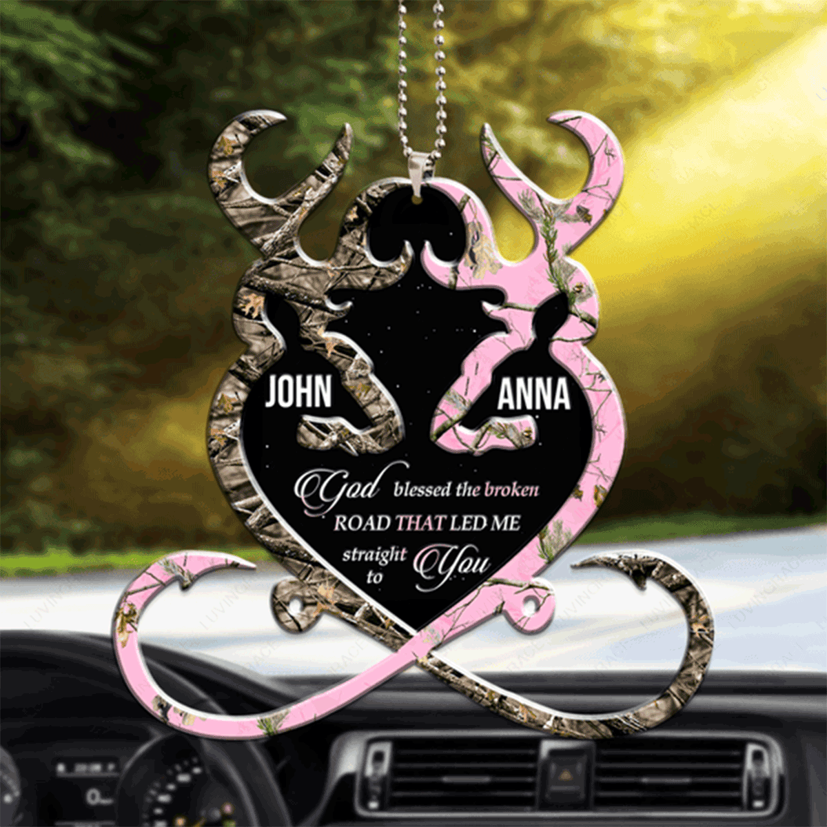 Personalized Couple Buck & Doe Heart God Blessed Acrylic Car Ornament, Perfect Christmas Gift For Couple