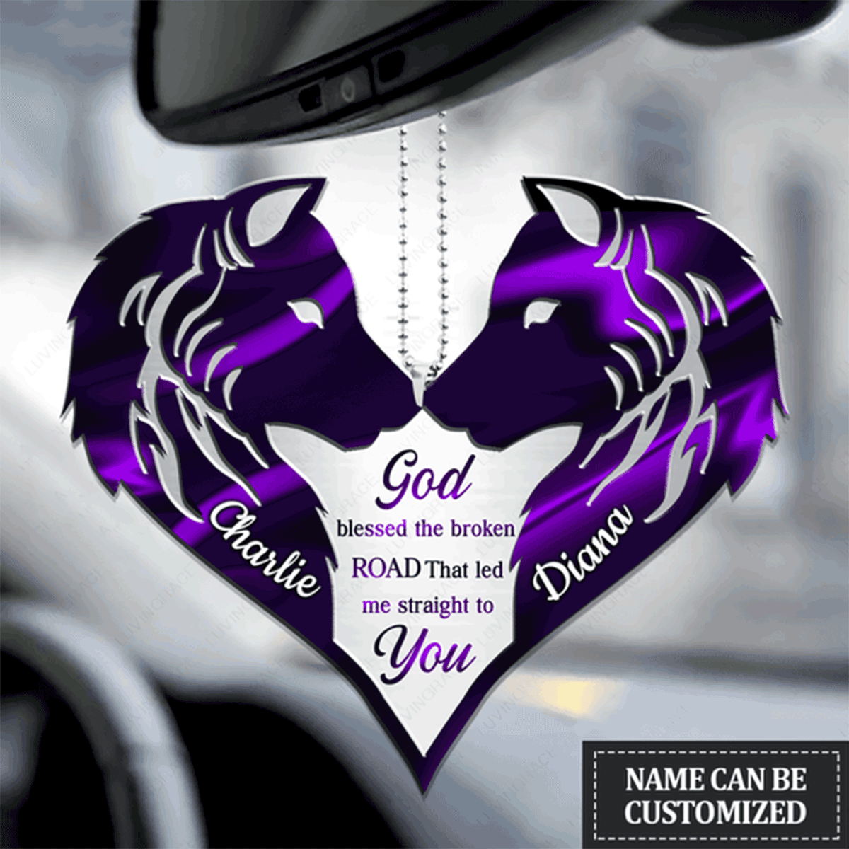 Customized Name Wolf Couple God Blessed Acrylic Car Ornament, Perfect Christmas Gift For Couple