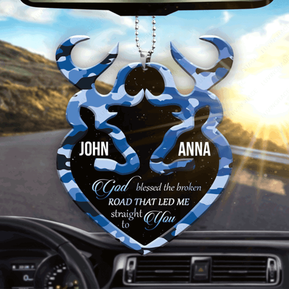 Personalized Couple Blue Camo Buck And Doe Cross God Blessed Acrylic Car Ornament, Perfect Couple Gift On Christmas