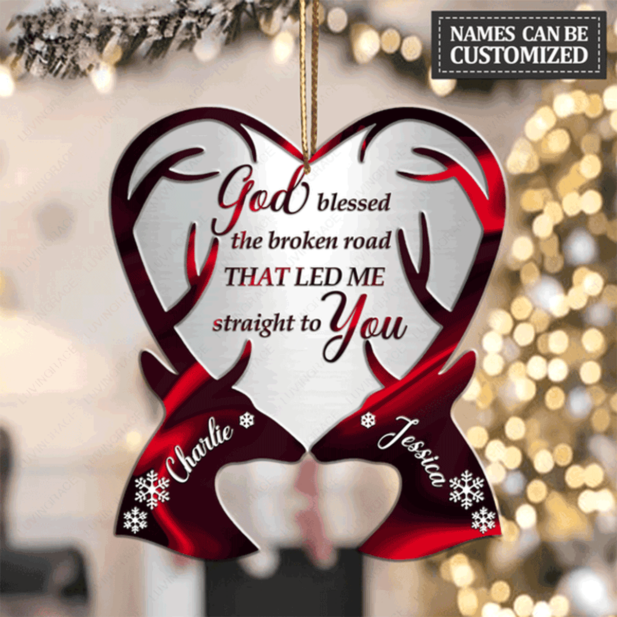 Customized Name Deer Couple Heart God Blessed Acrylic Ornament, Perfect Christmas Gift For Couple