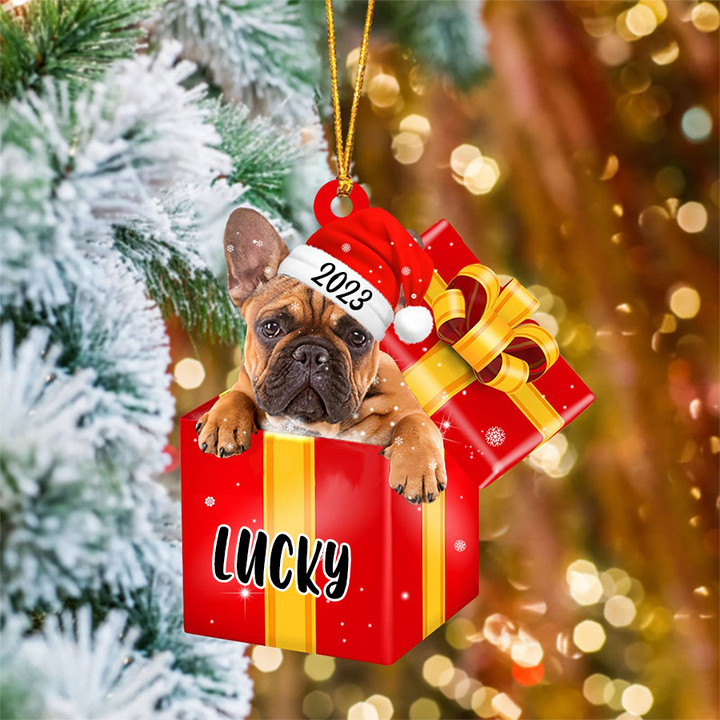 Customized French Bulldog Dog In Red Gift Box Acrylic Ornament, Personalized Ornament Gifts For Christmas Dog Mom