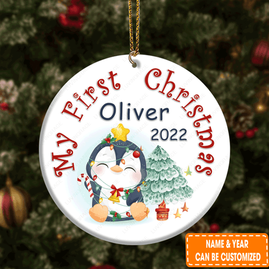 Personalized Baby Penguin First Christmas Circle Ceramic Ornament For 1st Christmas Daughter And Son