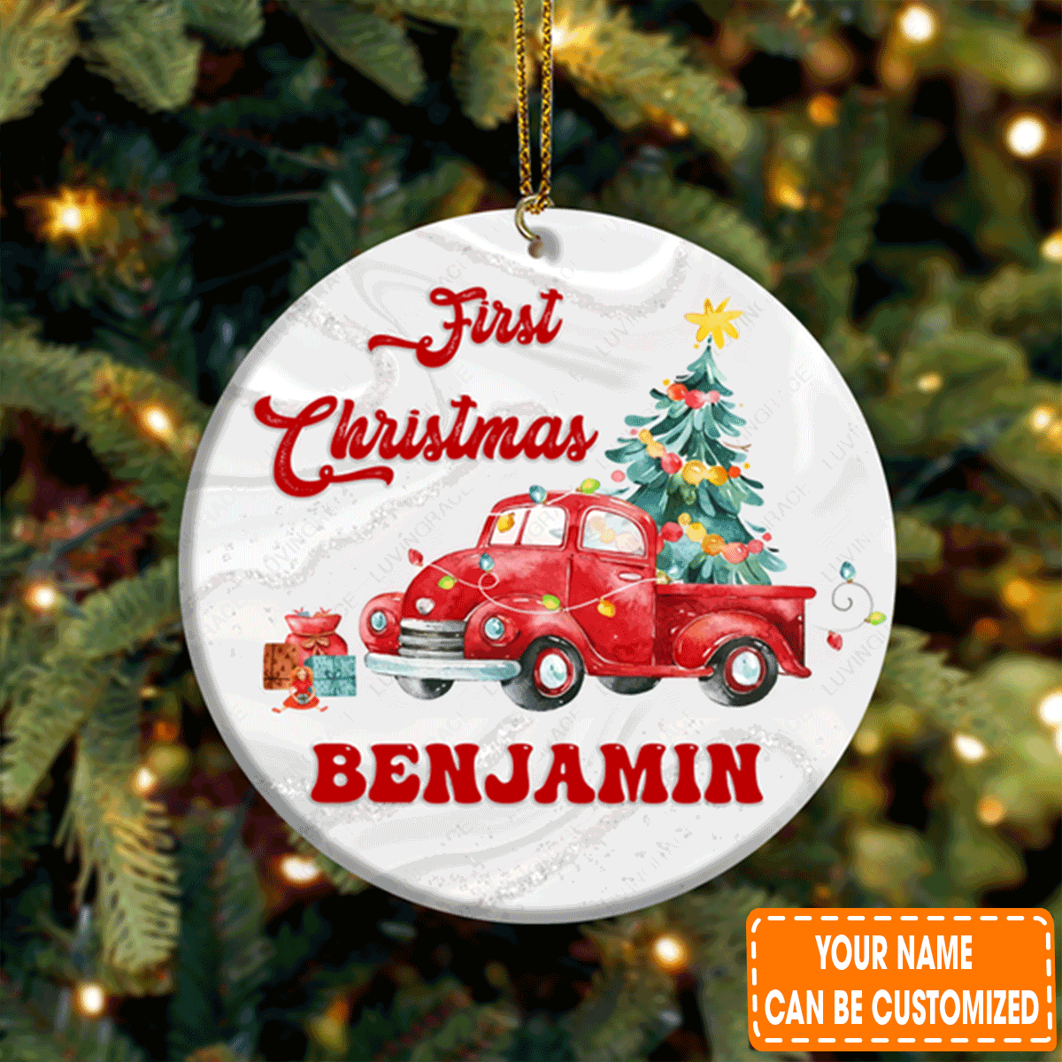 Personalized First Christmas Baby Car Pine Circle Ceramic Ornament For 1st Christmas Son, Grandson