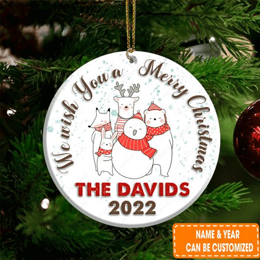 Personalized Christmas Bear Family We Wish You A Merry Christmas Circle Ceramic Ornament For Family