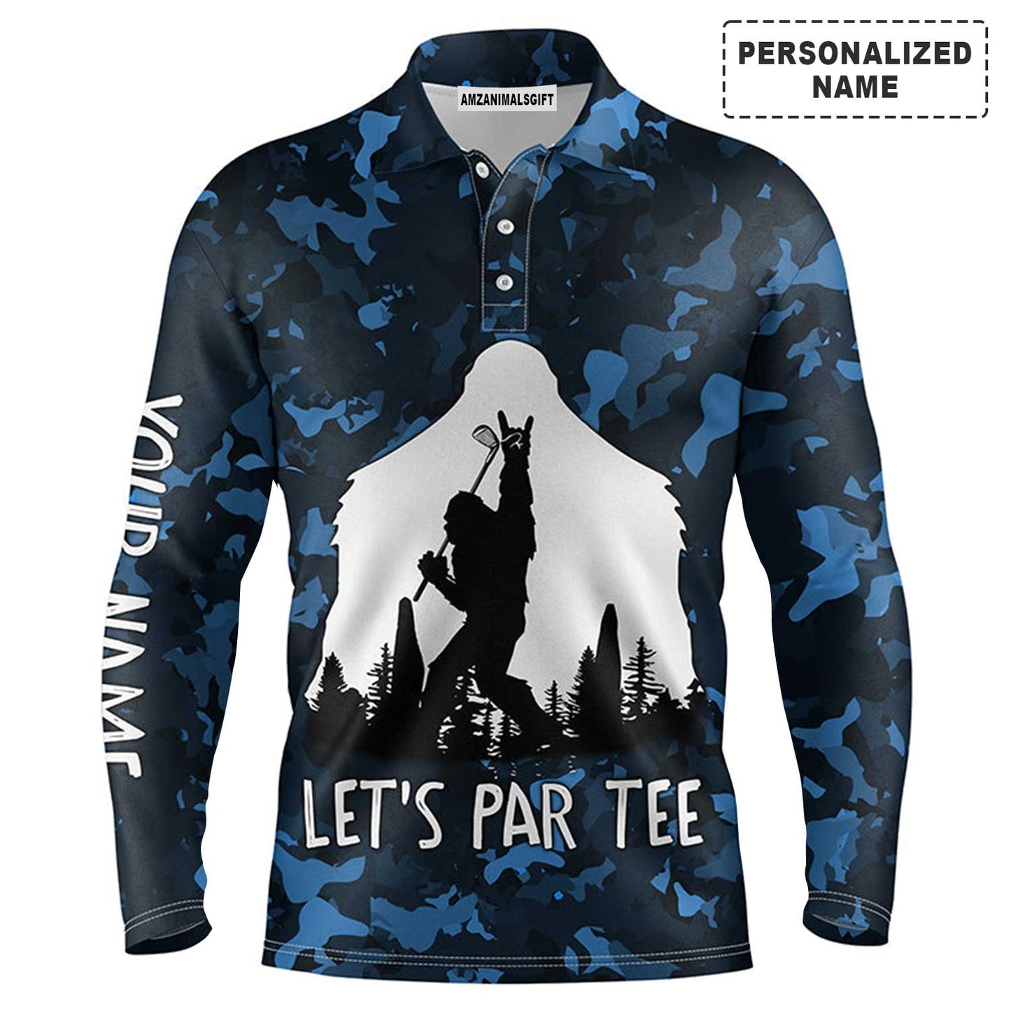 Custom Golf Men Polo Shirt - Bigfoot Golf Custom Name Men Polo Shirt, Funny Bigfoot Blue Camo Custom Polo Shirt - Perfect Polo Shirt For Men, Golfers
