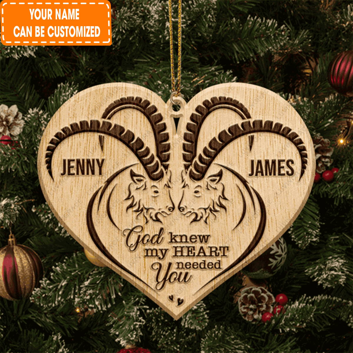 Personalized Heart Goat Couple God Knew My Heart Needed You Acrylic Ornament For Couple, Christmas Holiday Decor