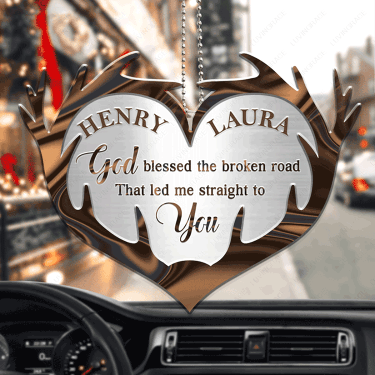 Customized Couple Name Heart Deer Antler God Blessed The Broken Acrylic Car Ornament, Perfect Christmas Gift For Couple