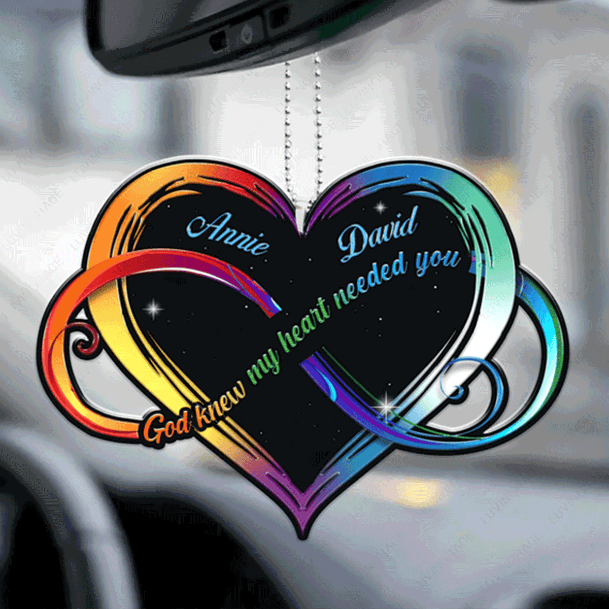 Customized Name Colorful Infinity Heart God Knew My Heart Acrylic Car Ornament, Perfect Christmas Gift For Couple