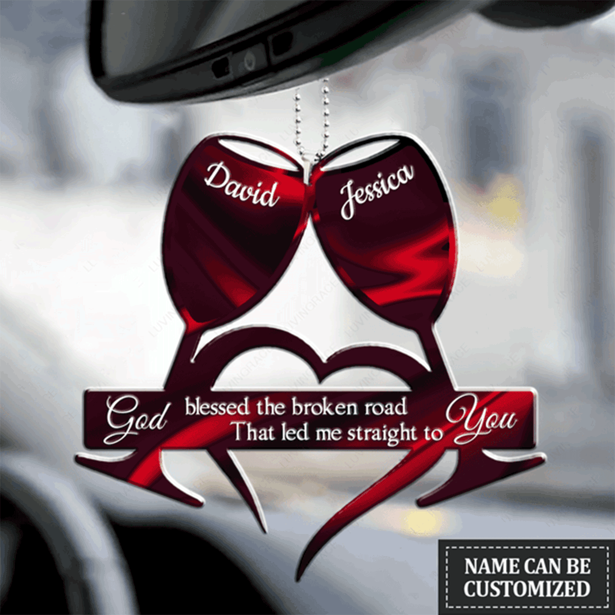 Personalized Couple Wine Glasses God Blessed Acrylic Car Ornament, Perfect Christmas Gift For Couple