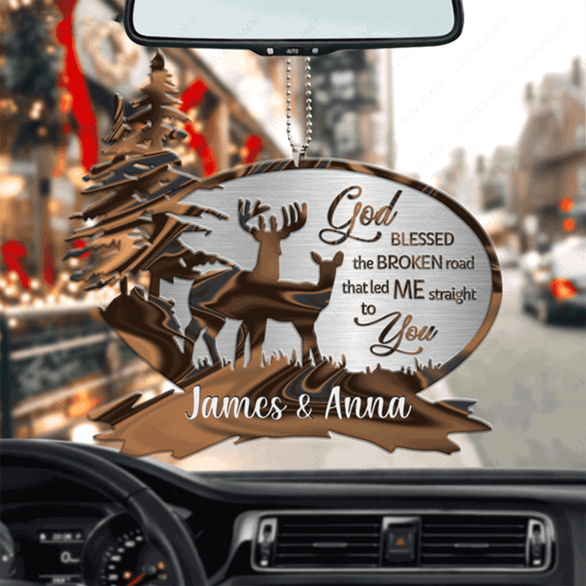 Customized Couple Name Outdoor Scene With Deers God Blessed The Broken Acrylic Car Ornament, Perfect Christmas Gift For Couple