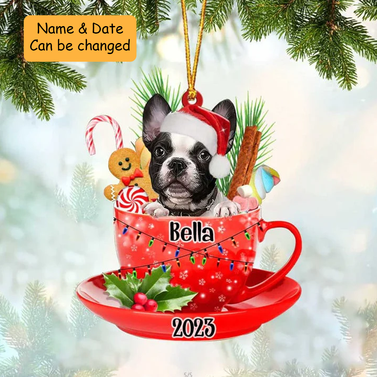 Customized Baby French Bulldog Santa Hat In Red Cup Acrylic Ornament, Christmas Gifts Ornament for Dog Lover