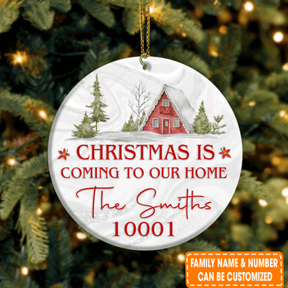 Personalized Vintage House Snow Christmas Is Coming Circle Ceramic Ornament For Family