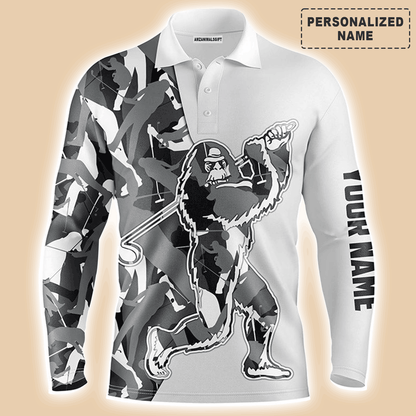 Funny Bigfoot Golf Men Polo Shirt-Custom Gray Camo Pattern Sasquatch Playing Golf Apparel Men Polo Shirt-Personalized Sports Gift For Men, Golf Lover